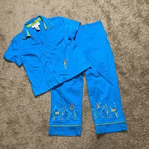 Sag Harbor Blouse Size 12 Cropped Pants 14 Blue Fish Suit Beach Summer 2PC Good